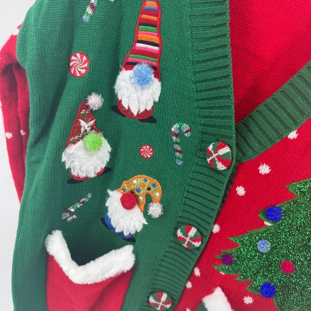 Holiday Time Womens Ugly Christmas Cardigan Sweater Gnomes Tree Red Green Small